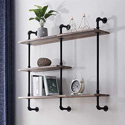 Hombazaar 3Tier Pipe Shelf,Industrial Floating Shelves,Wood and Metal