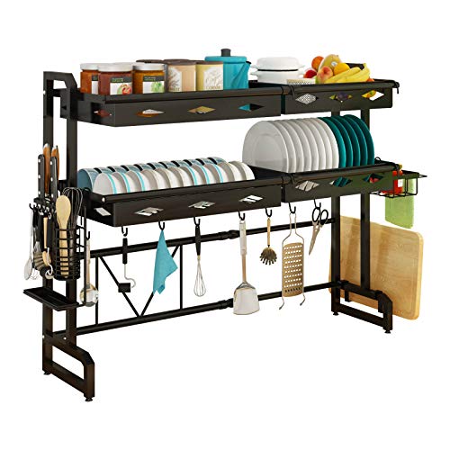 Over The Sink Dish Drying Rack, AONUOJA 2-Tier Painted Carbon Steel Adjustable Kitchen Dish Rack Drainer Storage Utensils Holder with 8 Utility Hooks Tableware Drainer Organizer (Black)