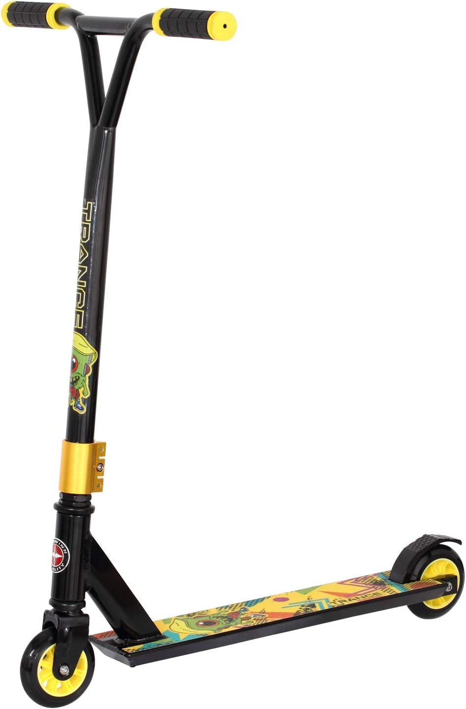 Schwinn Trance Youth Kids Unisex Freestyle Stunt Scooter, High Impact PU Wheels, Bike-Style Grips, Lightweight Alloy Deck, Black & Yellow With Monster Design (Age 8+)