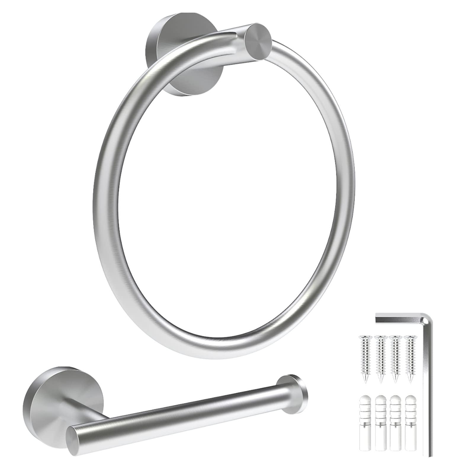 Brushed Nickel Toilet Paper Holder and Towel Ring, 2Pcs Bathroom Accessories Set Wall Mounted Toilet Paper Roll Holder & Hand Towel Holder Made of Thicken SUS304 Stainless Steel