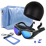 DigHealth(TM) Swim Goggles-No Leaking, Anti Fog and UV Protection, with Swimming Cap, Nose Clip, Ear Plugs, Waterproof Organizer Pouch, iPhone Waterproof Case for Men Women