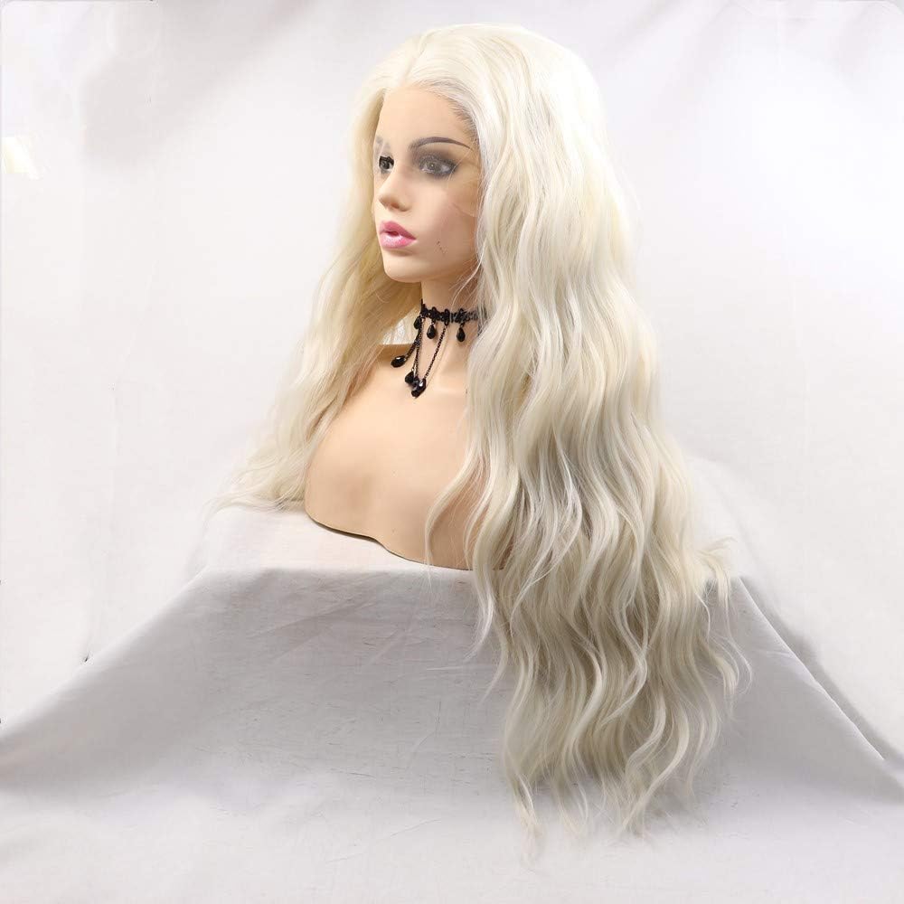 Xiweiya Platinum Blonde Wig Long Loose Curly Wavy Blonde White Synthetic Front Wigs Middle Part Natural Hairline Heat Resistant Fiber Hair Replacement Wigs 180% Density Half Hand Tied 24inch - Image 4