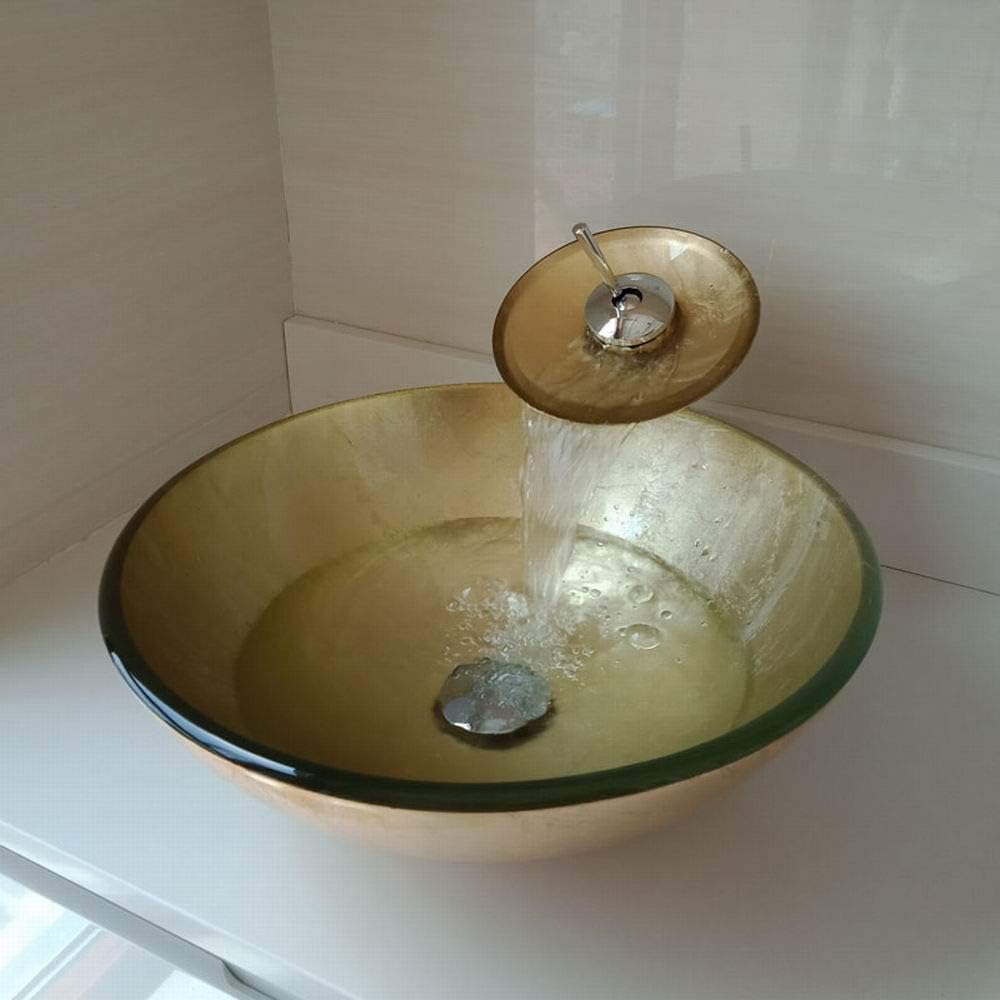 SLTWX Wash Basin Tempered Glass Hand-Painted Bowl Tap Lavatory Bathroom Sink Bath Brass Faucets Mixer Tap Set,Gold