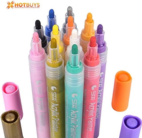 Premium 12 Pack Acrylic Paint Markers SET with Medium Tips You Press to Pump. Ultimate Pen Pack Marks Clearly on All Surfaces. Water Based Ink, Non-Toxic, Odorless, Acid Free, Environmentally Friendly