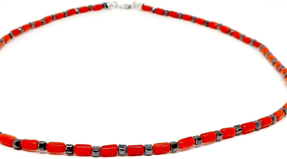 Men's Necklace in Red Coral of the Mediterranean and Hematite - Finished in 925 Sterling Silver - Handmade