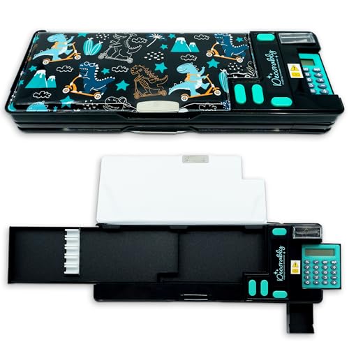 Decorably Dinosaur Pop Up Multifunction Pencil Case with Calculator, Sharpener, Pen Slots and Mini Drawer - Dinosaur Pencil Case Calculator with 2 Main Compartments for Boys