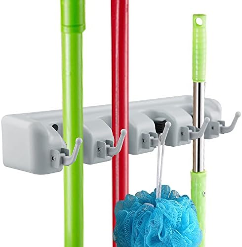 Mop and Broom Holder Wall Mounted by SUNNZO with 4 Slots and 5 Hooks for Garden Garage Kitchen Bathroom Storage