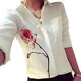 YANG-YI Women Long Sleeve Rose Flower Blouse Turn Down Collar Chiffon Shirts Tops