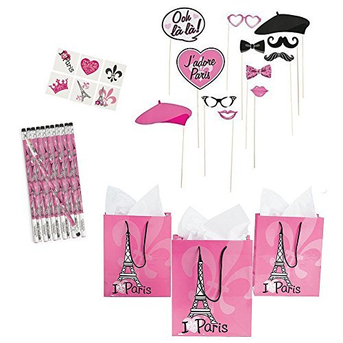 cedar crate market Perfectly Paris Party Favors Bundle - Gift Bags, Tattoos, Pencils, Photo Stick Props