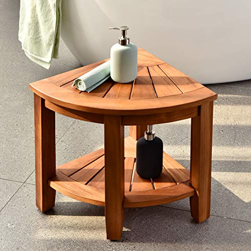 WELLAND Teak Corner Shower Bench, 2Tier Storage Shelf Wood Shower