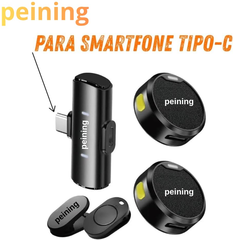 Microfone de Lapela Sem Fio Bluetooth Kit 2 Microfonones Abafamento de Ruído Até 10 Horas Tempo de Trabalho Compatível com Camera, iPhone, Android, PC - Conexão Android e USB-C - Linha Peining Premium