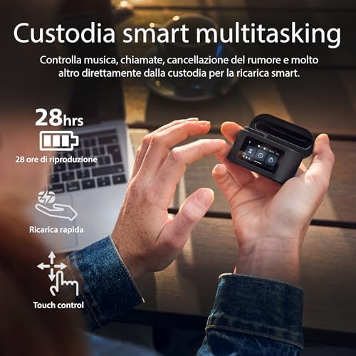 TAT6100BK Auricolari True Wireless con Custodia di Ricarica Intelligente – Cancellazione del rumore, 4 microfoni, bassi dinamici, 28 ore di autonomia, Bluetooth 5.4, IPX5, comandi touch – Nero