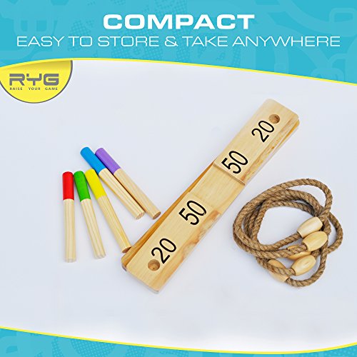 RYG Wooden Ring Toss Game Set, Durable Wood Base, 5 Wood Pegs, 5 Rope Rings, Portable Indoor And Outdoor Family Quoits Games, Suitable For Kids & Adults - Have Fun Now!