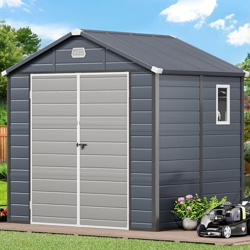 Photo 1 of **3 BOXES**YITAHOME 8x6FT Resin Storage Unit sans Flooring, All-Weather Plastic Shed with Window, Vents and Secured Doors, Outdoor Plastic Tool Cabin for Poolside, Lawn, Backyard, Patio, Dark Gray