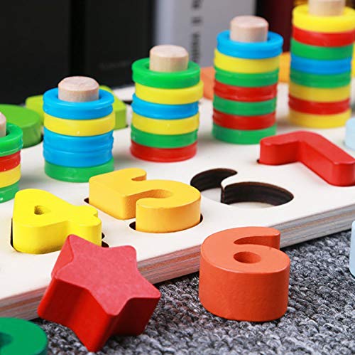 3-in-1 Wooden Blocks Puzzle Board Set, Math Toddler Kids Early Education Shape Sorter Counting Numbers 0-10 Ring, Learning & Educational Toys for Number Counting, Shape Sorting, Colors Stacking