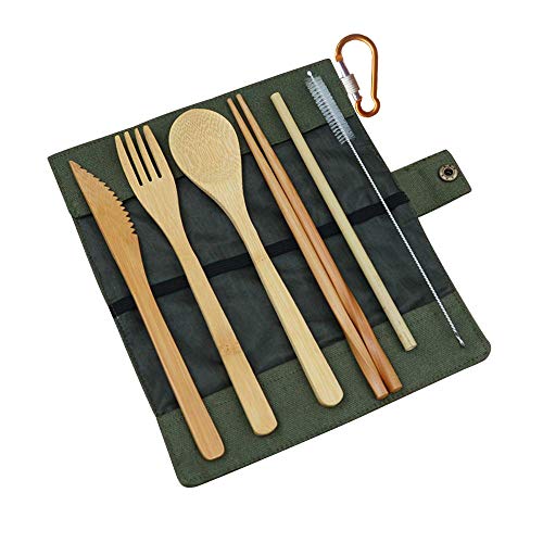 SZATS Bamboo Travel Cutlery Set, Reusable Organic Bamboo Utensils Include Knife Fork Spoon Chopsticks Straws Cleaning brush