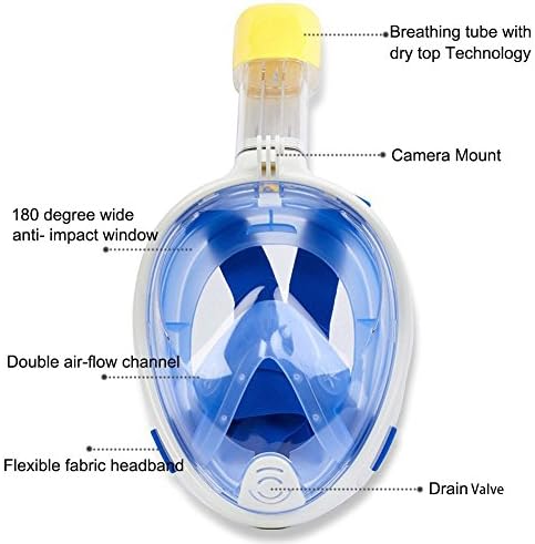 Full Face Snorkel Mask, Zeeshy 180º Panoramic View Diving Scuba Mask Easy breath with Anti-Fog and Anti-Leak with Adjustable Head Straps Design for Adults,Youth,kids (blue, Large-XL)