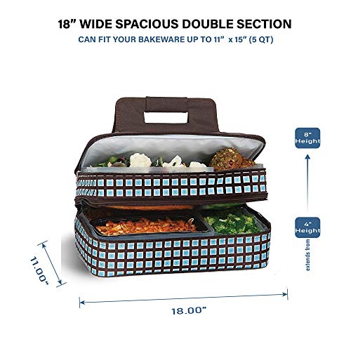 Picnic Plus 18" Casserole Carrier 2 Level Thermal Insulated Hot and Cold Food Carrier Double Layer Food Carrier Bag Potluck Carrier With Bonus Containers (Blue Oyster)