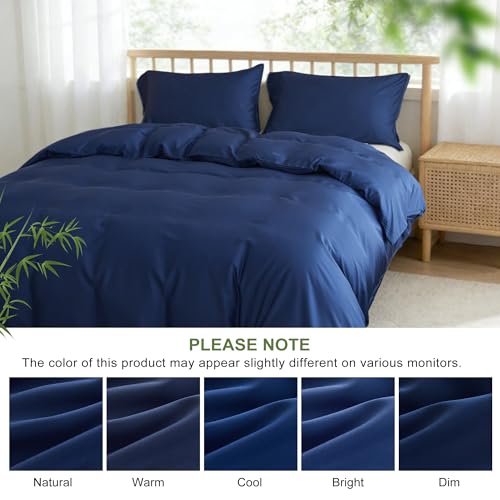 Simple&Opulence Duvet Cover Double Size 100% Viscose Derived from Bamboo, 3 PCS Pure Breathable Cooling Silky Soft Bedding for Hot Sleepers Moisture-Wicking Comforter Cover Set, Navy