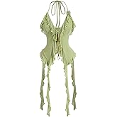WDIRARA Women's 3D Flower Tie Front Ruffle Trim Halter Top Tie Backless Camisole