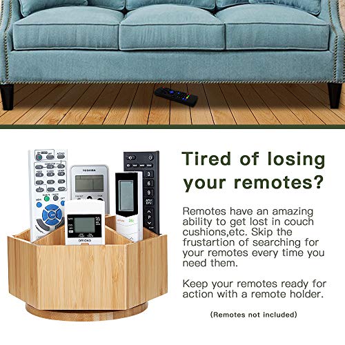Bamboo Rotating TV Remote Control Holder Organizer,Remote Control Caddy with 7 Sections for Keys