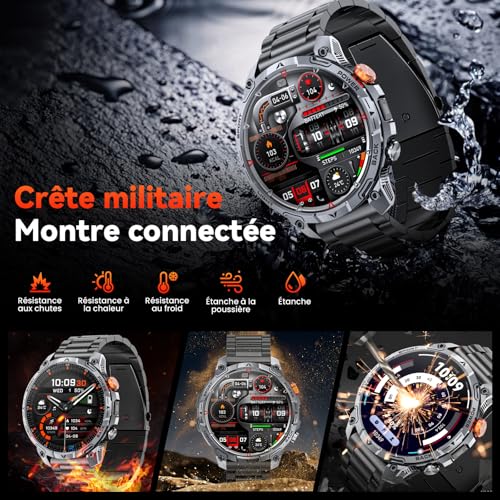 Haulvean Militaire Montre Connectée Homme, 1000mAh Batterie Smartwatch, Deux Bracelets, 1.75" HD Grand Écran, Lampe LED, 100＋Modes Sportifs, Surveillance Santé, Appel Bluetooth pour iOS Android（Noir）