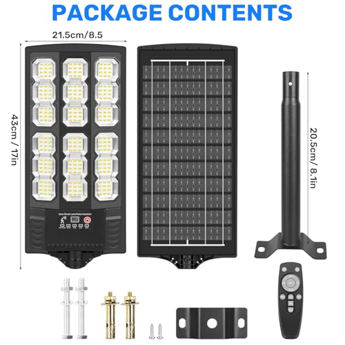 BlueYu Outdoor LED Solar Street Light, 800 W 6500 K IP66 Waterproof Street Light with Motion Sensor and Remote Control, Outdoor Garden Lights for Roads, Patios, Garages (4 Units)