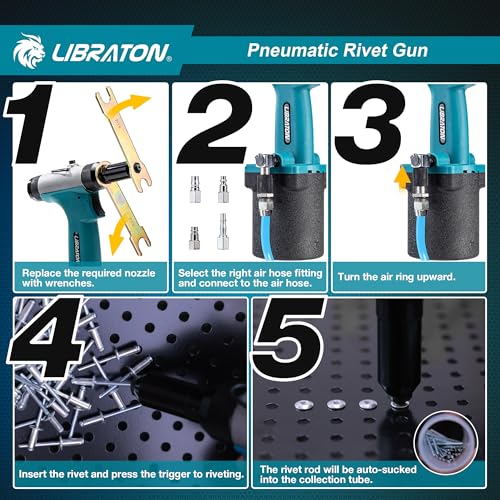 LIBRATON Pneumatic Riveter Kit, Heavy Duty Pneumatic Riveter Gu 2.4mm 3.2mm 4.0mm 4.8mm with 200c Rivet, Professional Auto Repair Tool, Suctio Design