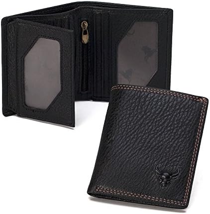 Compact Mini Soft Grain Genuine Cowhide Leather Bifold Vertical Wallet 3 ID &amp; Photos (Black)