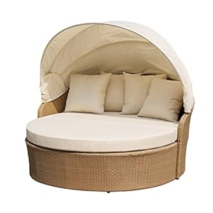 W Unlimited Blueczy Collection Circular Lazy Daybed With Canopy Outdoor Furniture Backyard Light Brown Wicker Patio Furniture Weather Resist Aluminum Frame Cushions Beachfront Decor
