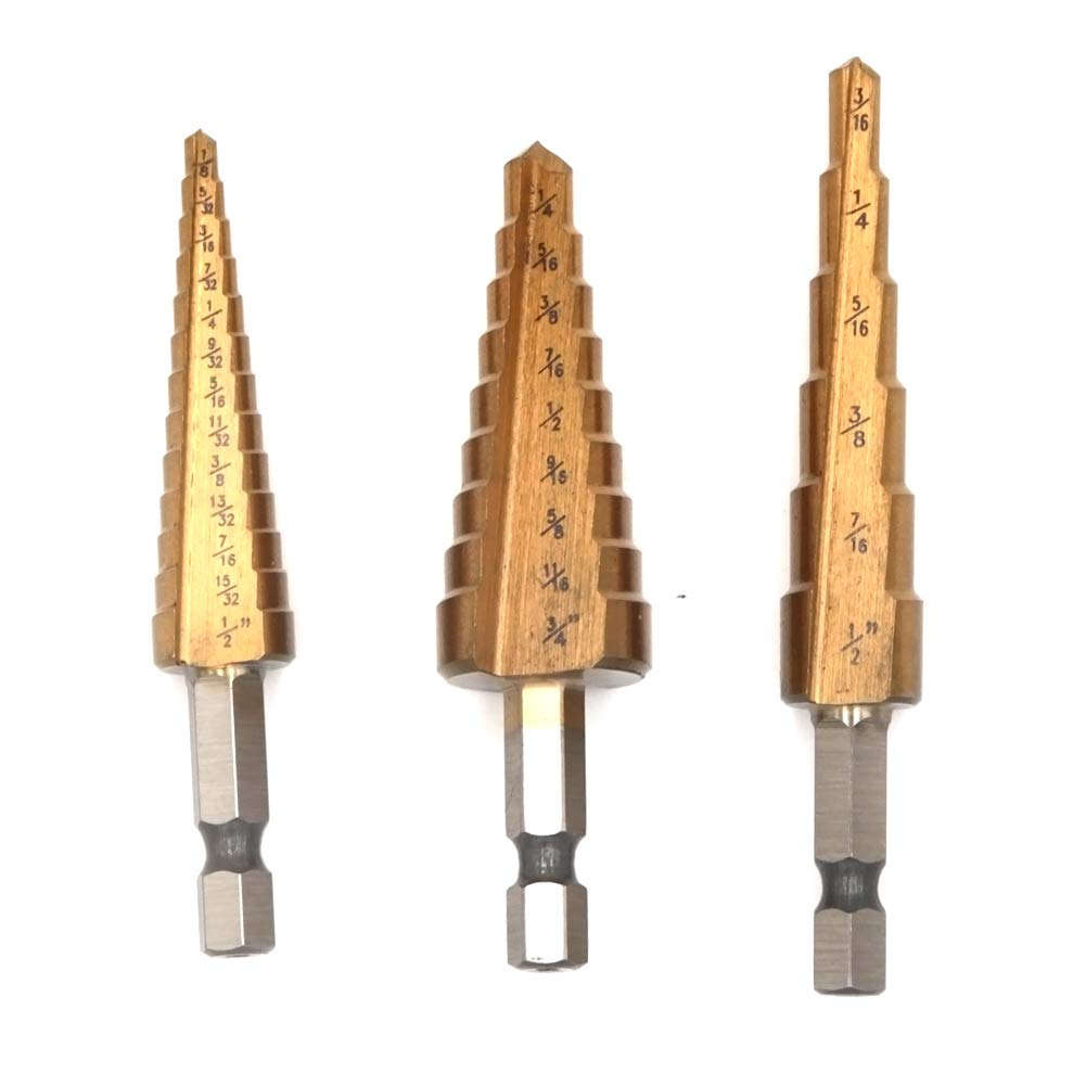 1/4" Hex Shank Titanium Coated HSS 4241 Uni Bit Multi-Size Step Drill Bit Set for Woodworking Quick and Easy Hole Drilling, 3 Pics, 3/16" -1/2",1/4"-3/4",1/8"-1/2"