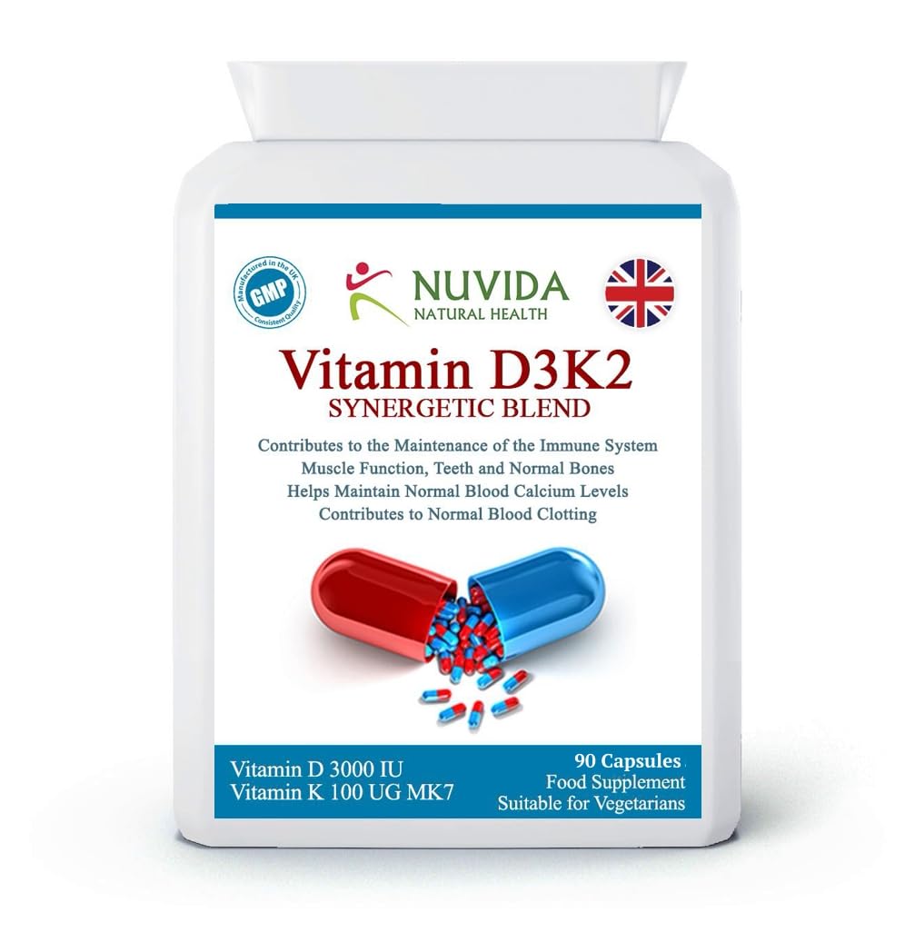 NUVIDA Vitamin D3 K2 - High Strength Blend of Vitamin K2 and D3 - Daily Vitamin K2 D3 Supplement - 90 Capsules 3 Months Supply - Suitable for Vegetarians