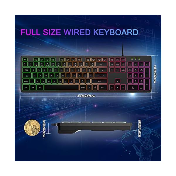 Wired Keyboard, WisFox USB Backlit Keyboard with 105 Keys for Windows 2000/XP/Vista/7/8/10, Full-Size Illuminated…