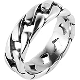 HZMAN Mens Stainless Steel 7mm Wide Band Cuban Link Chain Ring, Silver Gold Black
