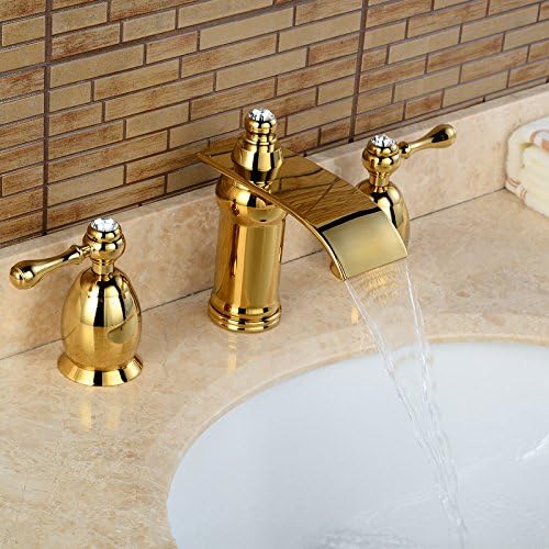 Sukmw 3 Hole Waterfall Faucet Golden Polished Basin Faucets Deck Mounted Bathroom Tap Sink Or Bathtub Faucet Double Handles Faucet