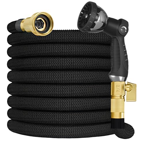 50FT Garden Hose – Expandable Garden Hose with10 Pattern Spray Nozzle, Aluminum Alloy Copper Plated 3/4 inch Connector – Lightweight, Durable, and Kink-Free, Retractable Water Hoses Black