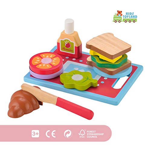 KIDS TOYLAND Wooden Sandwich-Making Set Play Food Set for Kids - Pretend Play Learning Educational Kitchen Toys Toddlers Breakfast Hand-Painted Wooden Pieces (13pcs)