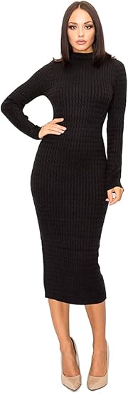 Amazon モックネック長袖ニットワンピース ミディ丈 ワンピース 無地 ハイネック ロング丈 タイトワンピース Knit With Texture Fabric Long Sleeve Mok Neck Body Con Midi Dress Magia Op405 ワンピース チュニック 通販