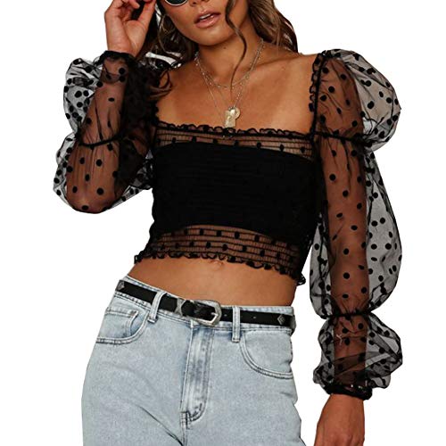 Women's Long Sleeve See-Through Sheer Mesh Crop Tops Buckle Summer Top Cover Ups (XL, Square Collar - Black)