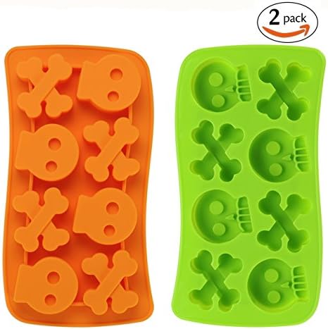 Ice Cube Molds, Easy Release Silicone Skull &amp; Crossbones Ice Cube Trays by Caboon - 2 Pack Flexible Food Grade Molds for Ice Cube Cookie Candy Chocolate Gelatin Dog Treats– Orange Green