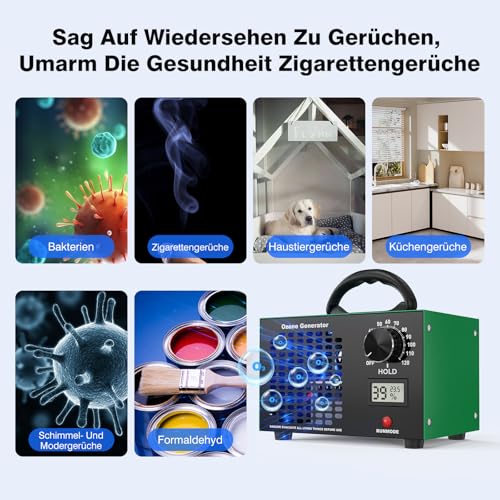 Ozone Generator 120,000 mg/h Ozone Device - 2-in-1 Ozone Air Purifier, 120 Minute Timer, with Temperature and Humidity Display, Ozoniser Industrial O3 for Car, Home, Hotels, Kitchen and Pet Odours