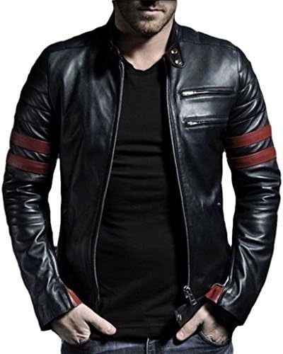 V4M Men's Stripes Rider Leather Jacket 4XL Black