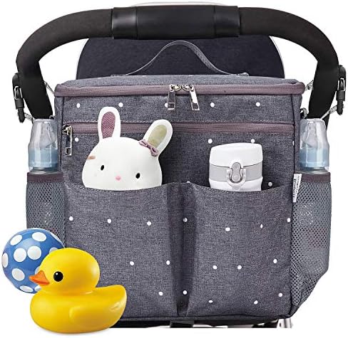 Parents Stroller Organizer Travel Bag with Shoulder Strap Insulated Bottle Holder Lightweight Design Storage Pockets for Bottles,Diapers,Toys,Saliva Towel-Fits All Baby Stroller Models (White Dots)