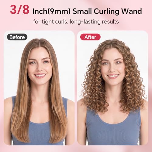 JAETON Curling Wand Hair Curler, Curling Tongs with Clamp, New Upgraded Ceramic Curling Iron, Dual Voltage, Adjustable Temp 100℃-230℃ (9MM)