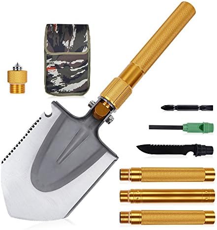 Ruipye Portable Military Folding Shovel, Multifunctional Collapsible Tactical Entrenching Tool Gardening Snow Army Camping Shovel with Carrying Pouch for Camping Backpacking Hiking-37Inch Golden