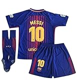 Petersocks 10 Messi Barcelona Home Kids Or Youth Soccer Jersey & Shorts & Socks Set 2017-2018 Season Red/Blue 11-13Years