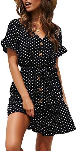 Women Pleated Polka Dot Short Sleeve Dresses Loose Swing Casual Beach Dress
