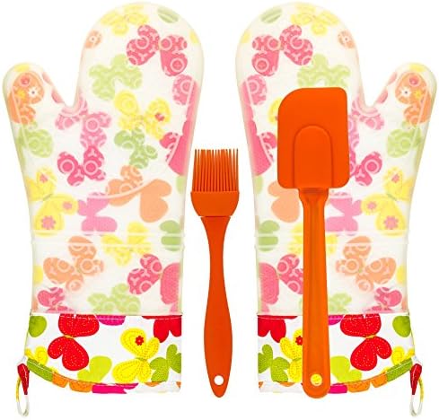 Oven Mitt Pair with Cotton Lining - Flexible, Comfortable Fit with Heat Resistant Silicone to Easily Grip or Hold Pot When Cooking, Grilling, Baking &amp; BBQ (Bonus Free Brush &amp; Spatula from KitchenPalz)