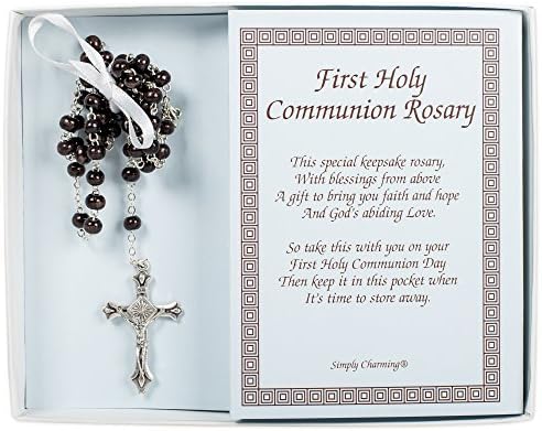 First Holy Communion Wood Bead Rosary with Silver Chalice Crucifix