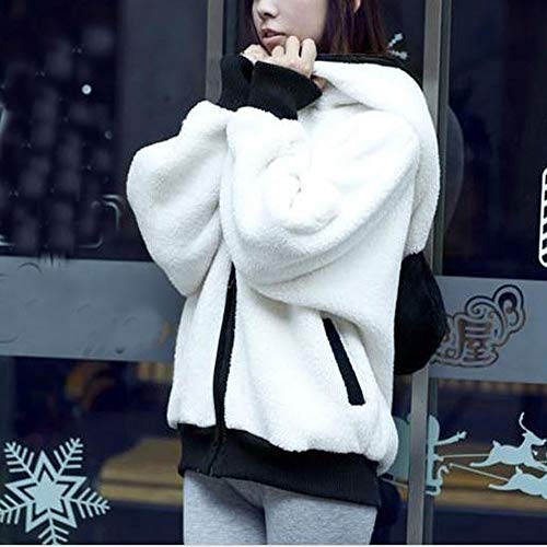 HIRIRI Cute Ear Panda Winter Warm Hoodie Coat Women Fluffy Warm Outerwear Tops Long Sleeve Hooded Jacket White